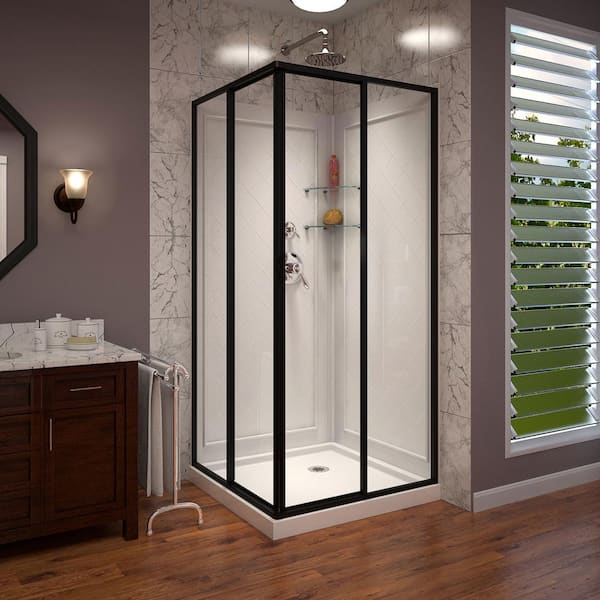 Corner view 36 in. x 36 in. Framed Sliding Shower Kit in Satin Black with Shower Base in White Corner Drain