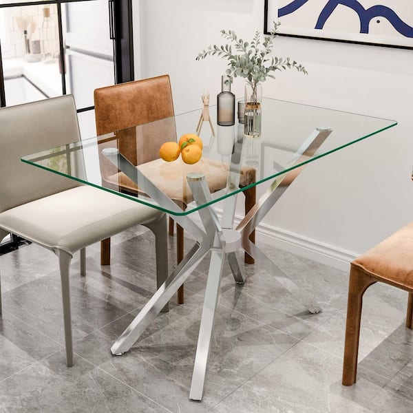 47.24 in. Rectangular Clear Tempered Glass Table with Adjustable Silver Metal Cross Legs Dining Table, Seats 4-6 people