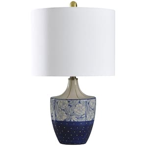 23 in. Cream/Blue and Gold Table Lamp with Geneva White Hardback Fabric Shade
