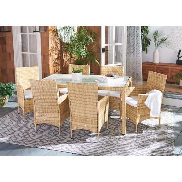 Jolin Natural 7-Piece Wicker Outdoor Patio Dining Set with White Cushions