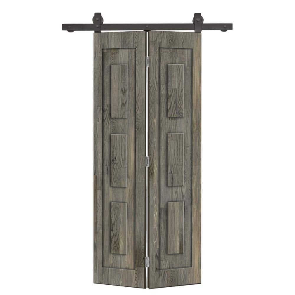 24 in. x 80 in. 3 Panel Shaker Hollow Core Weather Gray Pine Wood Bi-Fold Door with Sliding Barn Door Hardware Kit price history on PriceWatchPro