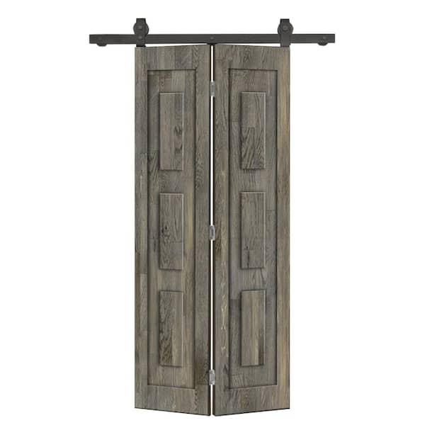 CALHOME 38 in. x 80 in. 3 Panel Shaker Hollow Core Weather Gray Pine Wood Bi-Fold Door with Sliding Barn Door Hardware Kit