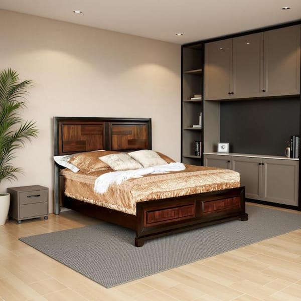 Benjara Brown Wood Frame Full Size Panel Bed with Parquet Pattern