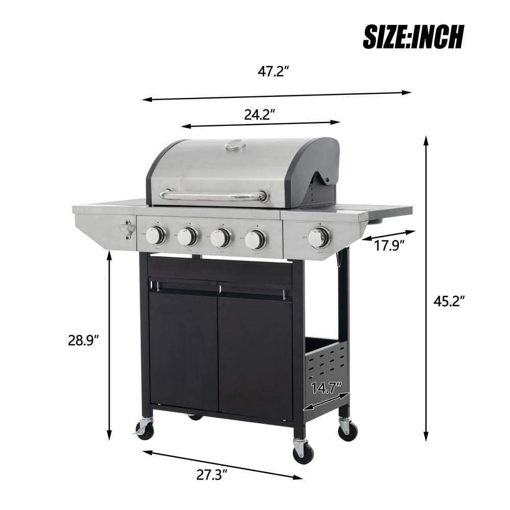 Stainless Steel 4-Burner Propane Gas Grill with Side Burner