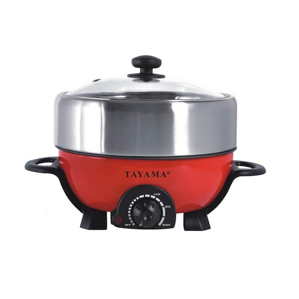 Tayama Shabu and Grill 3 Qt. Red Electric Multi-Cooker with Stainless Steel Pot