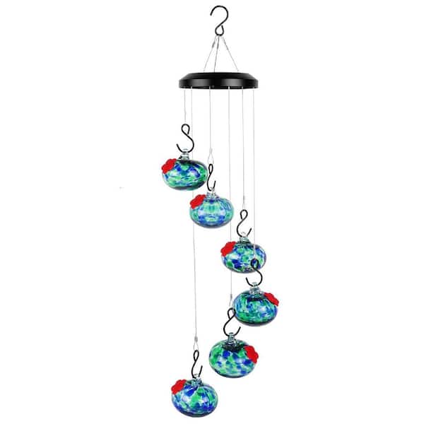 Blue Color Glass Bird Feeder Charming Wind Chimes Hummingbird Feeders Outdoors Hanging Ant, Bee and Leak Proof, (6-Pack)