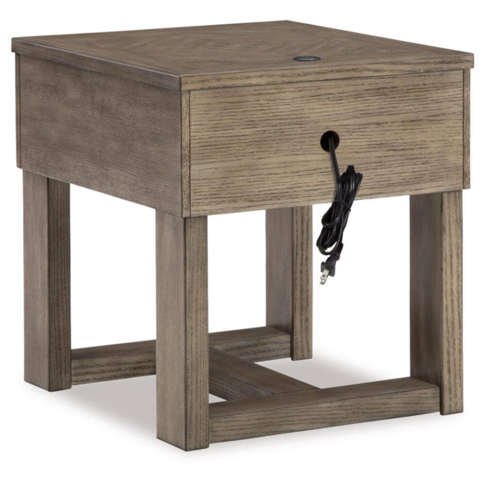 Transitional Brown and White Wood End Table with Storage and USB Charging
