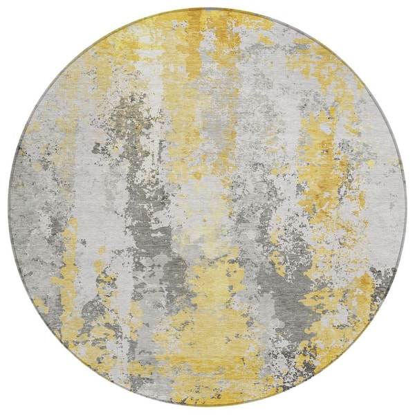 Chantille Machine Washable Indoor/Outdoor Abstract ACN1848 Yellow 8 ft. x 8 ft. Round Rug