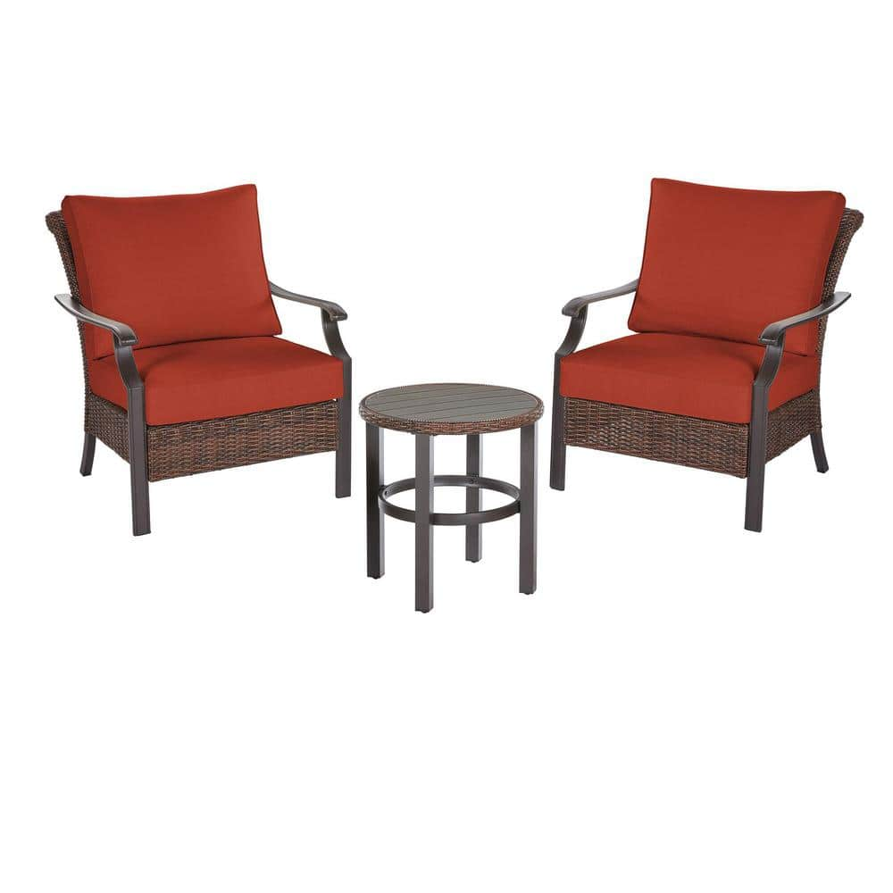 Hampton Bay Harper Creek 3 Piece Brown Steel Outdoor Patio Chair Set with CushionGuard Quarry Red Cushions H087 01399700 The Home Depot