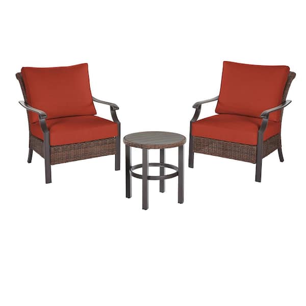 Hampton Bay Harper Creek 3-Piece Brown Steel Outdoor Patio Chair Set with CushionGuard Quarry Red Cushions