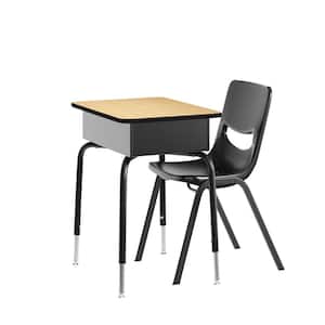 Hercules 2-Piece Rectangle Student Desk w/Open Front Laminate Top Classroom Stack Chair Natural Top/Black Chair