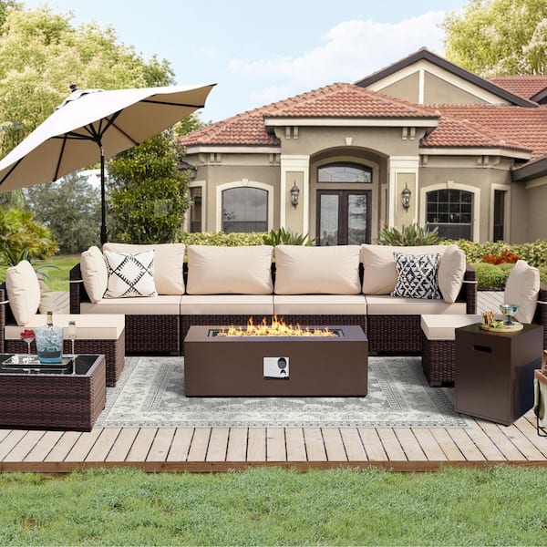 UPHA 9-Piece Outdoor Brown Rattan Seating Set with Beige Cushions,a 42" Brown Rectangle Fire Pit Table and a Tank Cover