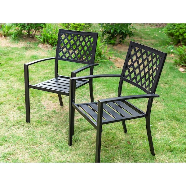 Black 8-Piece Metal Outdoor Patio Dining Set with Umbrella and Elegant Stackable Chairs