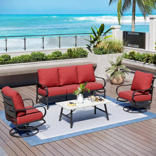 PHI VILLA Metal 5 Seat 4-Piece Steel Outdoor Patio Conversation Set With Swivel Chairs Red Cushions Marble Pattern Table