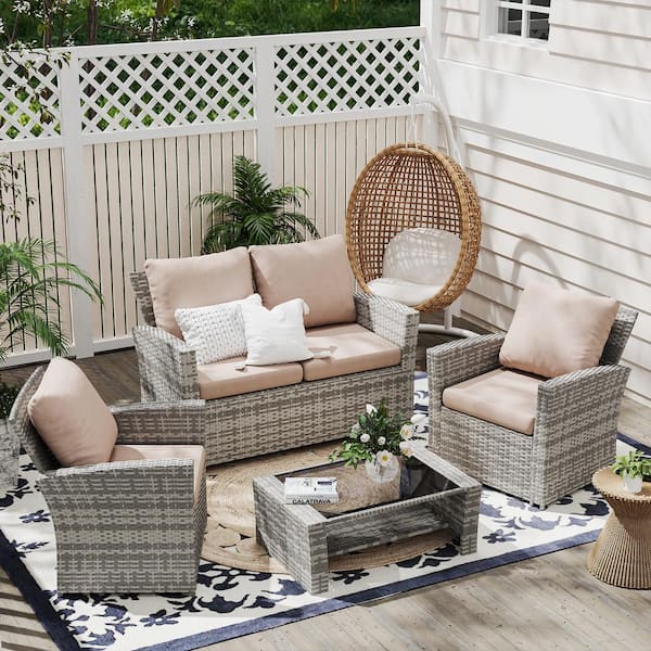 4-Piece Wicker Patio Conversation Set with khaki Cushions