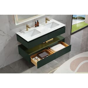 48.01 in. W x 29.60 in. H x 20.80 in. D Floating Bath Vanity in Green with Light, Double Sinks White Cultured Marble Top