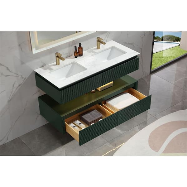 ANGELES HOME 48.01 in. W x 29.60 in. H x 20.80 in. D Floating Bath Vanity in Green with Light, Double Sinks White Cultured Marble Top
