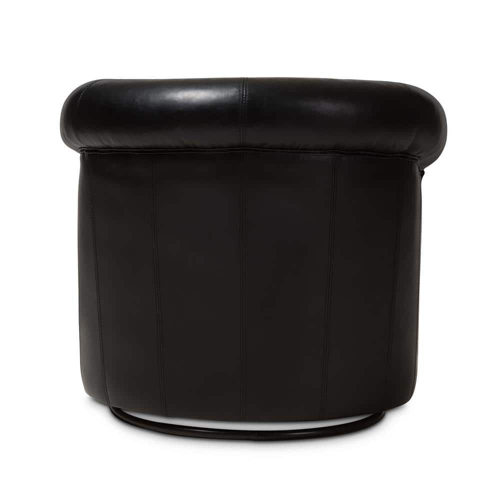 Swivel Barrel Accent Chair in Black Faux Leather with Wooden Frame