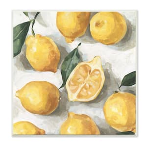 "Soft Yellow Citrus Lemon Pile Over White" by Emma Caroline Unframed Drink Wood Wall Art Print 12 in. x 12 in.