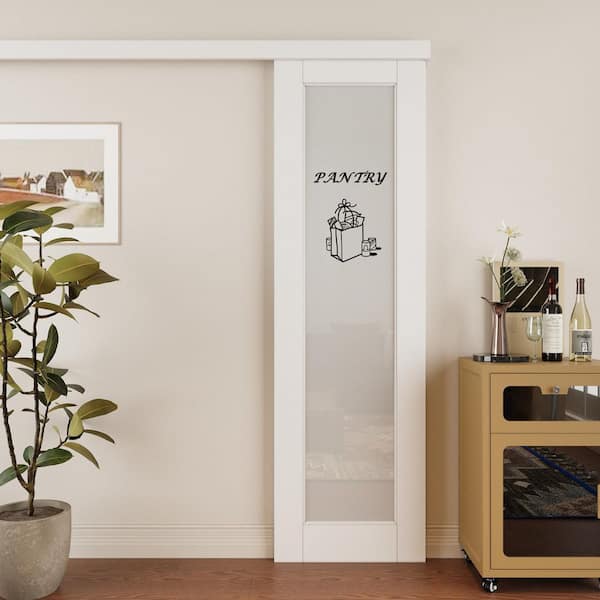 18 in. x 80 in. 1 Lite Frosted Glass White Hidden Track Style MDF Sliding Barn Door with Hardware Kit and Pantry Sticker