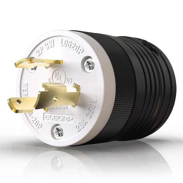 20 Amp 250-Volt NEMA L6-20P Locking Plug, Industrial Grade Grounding Heavy-Duty, Black/White