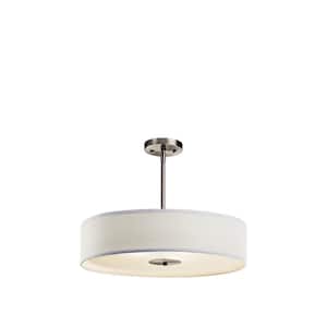 20 in. 3-Light Brushed Nickel Transitional Fabric Shaded Kitchen Convertible Pendant Hanging Light to Semi-Flush