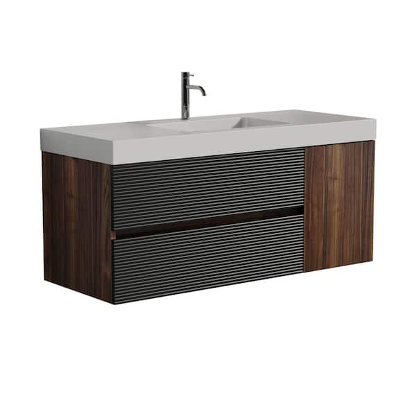 48 in. Walnut Wall Mounted Bath Vanity with Glossy White Solid Surface Top, Soft Black Drawers