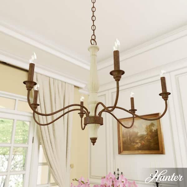 Hunter Teren 6 Light Distressed White Candlestick Chandelier Dining Room Light