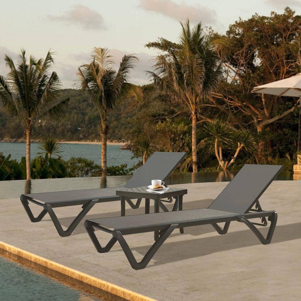 Metal Aluminum Patio Chaise Lounge Chair Set of 3 Outdoor Aluminum Polypropylene Sunbathing Chair and Side Table Gray
