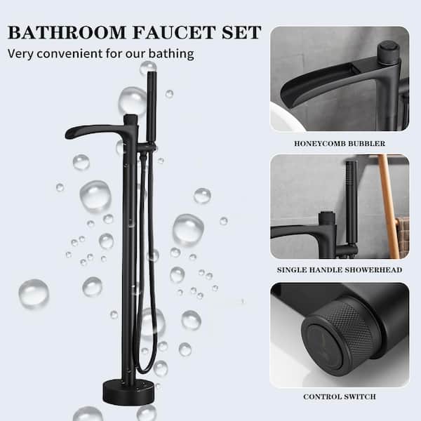 1-Handle Freestanding Floor Mount Tub Faucet Bathtub Filler Brass Bathtub Faucet with Hand Shower in Matte Black