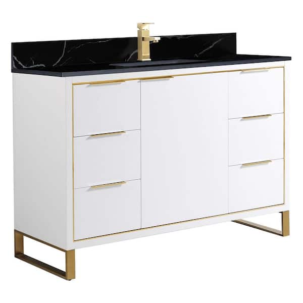 FINE FIXTURES Opulence 48 in. W x 18 in. D x 33.5 in. H Single Sink Bath Vanity in White Matte with Black Marble Top