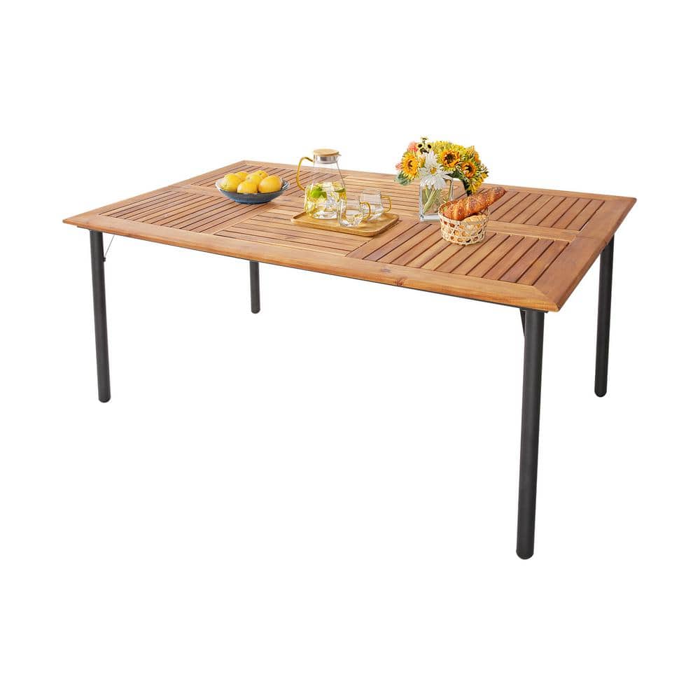 Natural Acacia Wood Outdoor Dining Table with Black Metal Legs