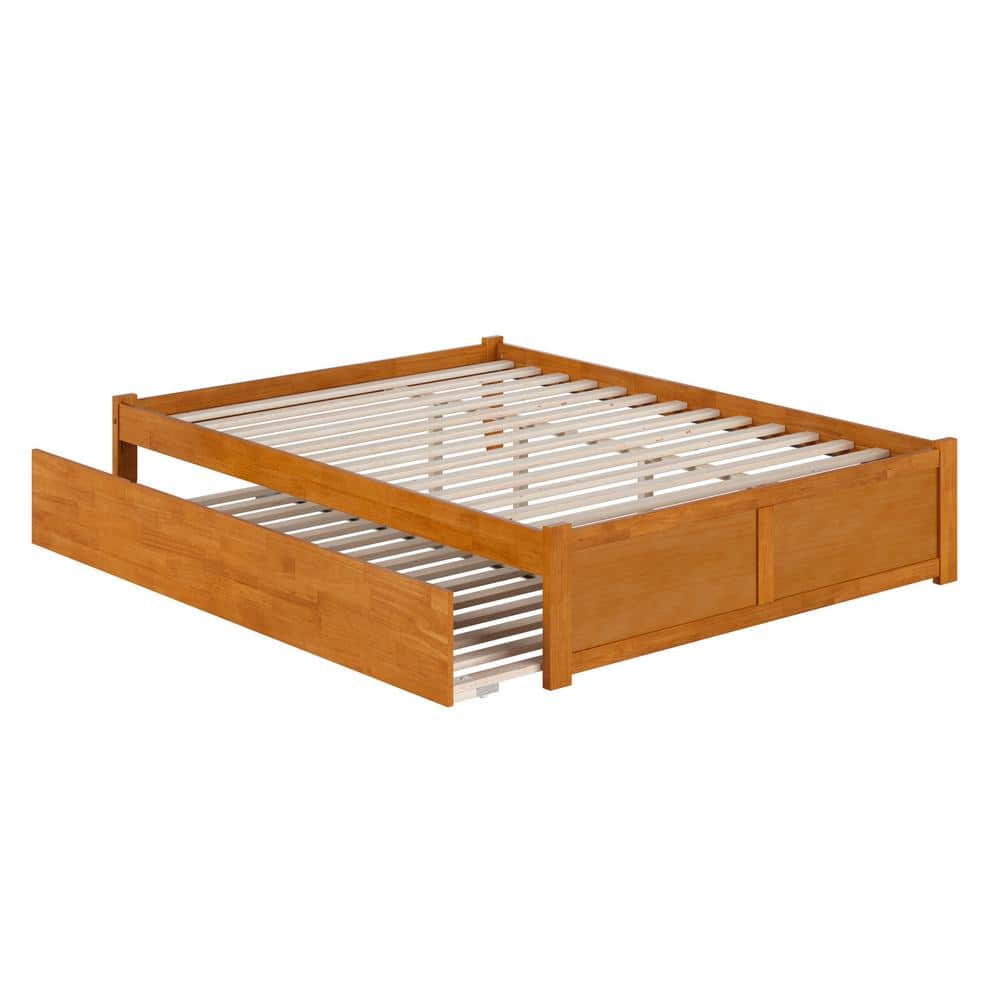 Light Toffee Queen Wood Platform Bed with Trundle and Slats