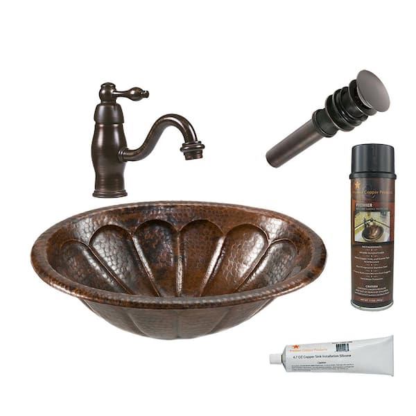 Premier Copper Products All-in-One Oval Sunburst Self Rimming Hammered Copper Bathroom Sink in Oil Rubbed Bronze