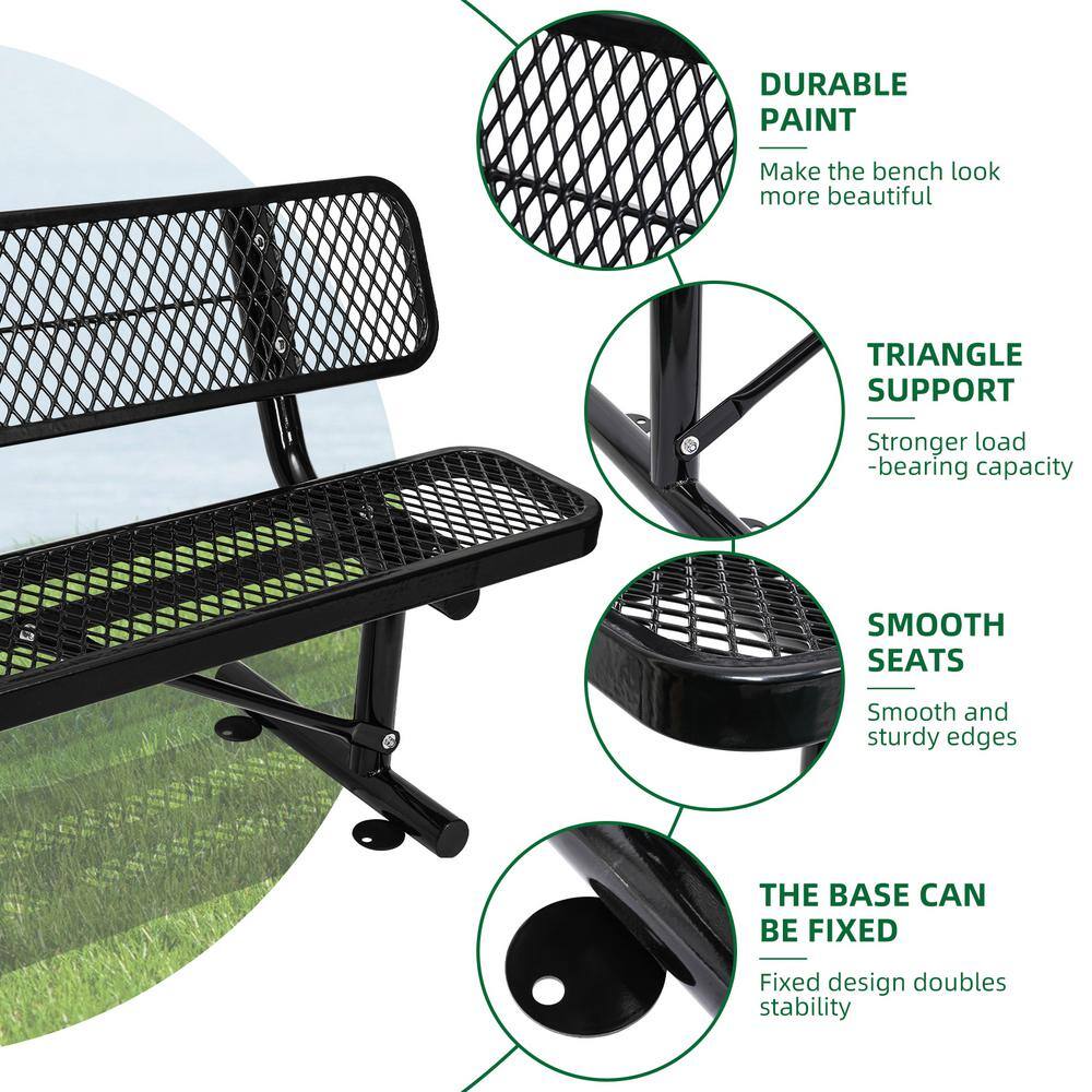 72'' Black Steel Outdoor Bench with Mesh Backrest