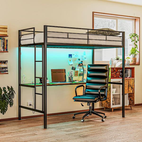 Loft Bed Twin Size with Desk, LED Lights, Charging Station, Twin Size Metal Loft Bed Frame with Safety Guardrail, Black