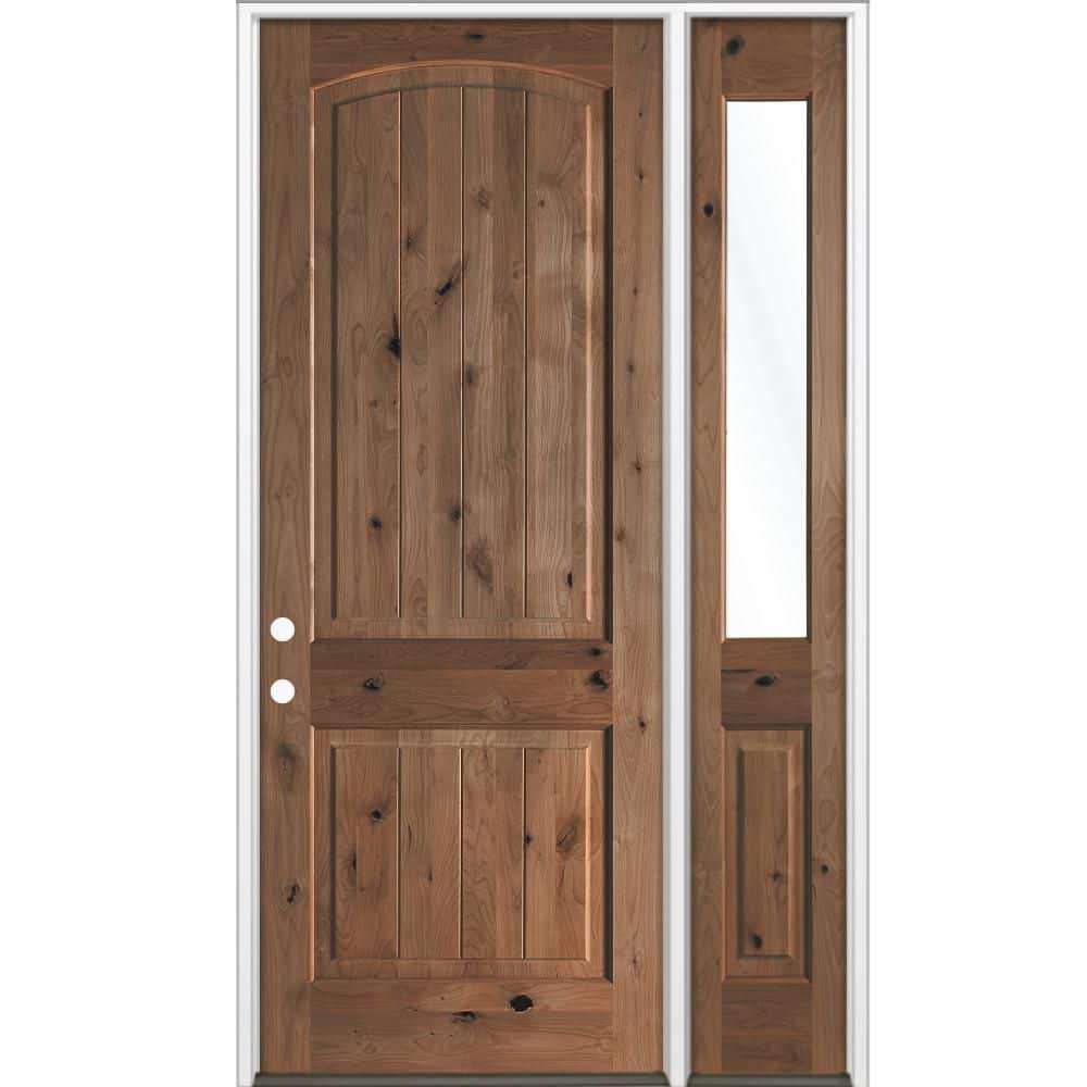 46 in. x 96 in. Knotty Alder Arch Top Right-Hand/Inswing Clear Glass BEHR True Black Stain Wood Prehung Front Door RHSL price history on PriceWatchPro