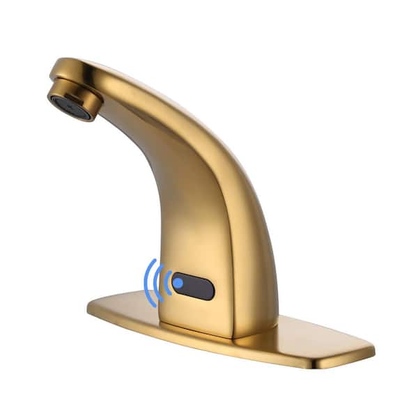 Battery-Powered Commercial Touchless Single Hole Bathroom Faucet with Deck Plate in Brushed Gold