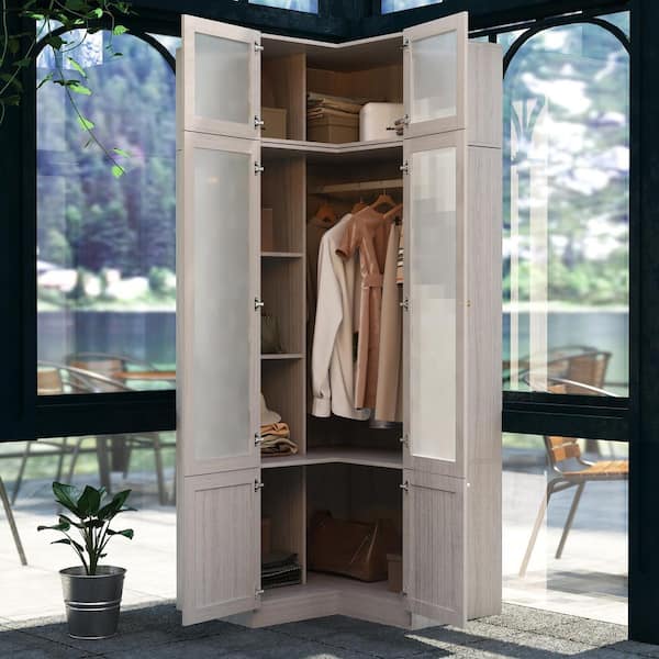 Light Oak Wood 35.4 in. Bedroom Armoire with Frosted Glass Doors, Hanging Rod and Adjustable Storage Shelves