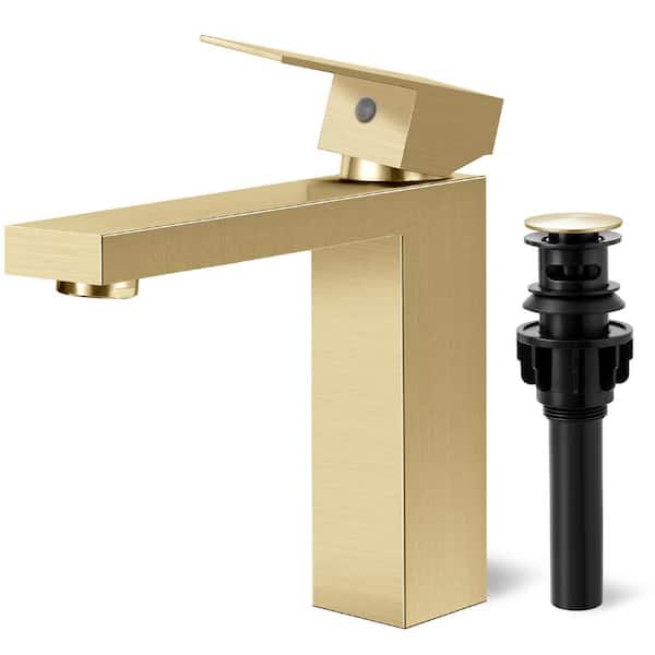MTTCLE Single Handle Single Hole Bathroom Faucet with Deckplate Included and Drain Kit Included in Brushed Gold