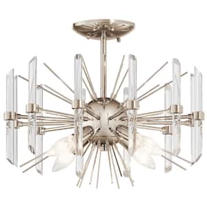 Eris 16 in. 4-Light Polished Nickel Hallway Contemporary Semi-Flush Mount Ceiling Light with Crystal Accents