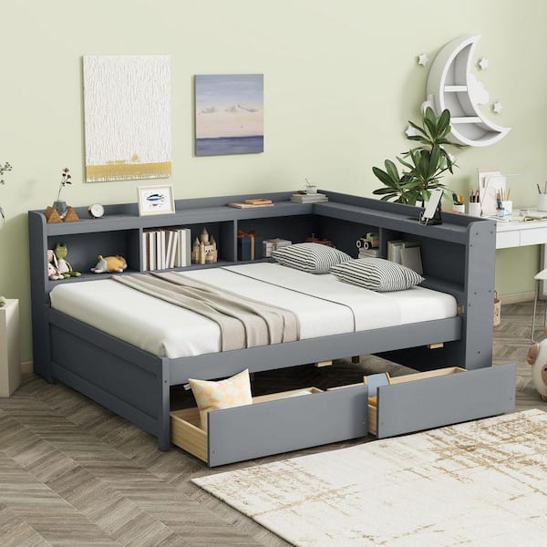 Grey Full Size Daybed with 2 Drawers, Power Outlets, USB Charging Ports and Bookcases