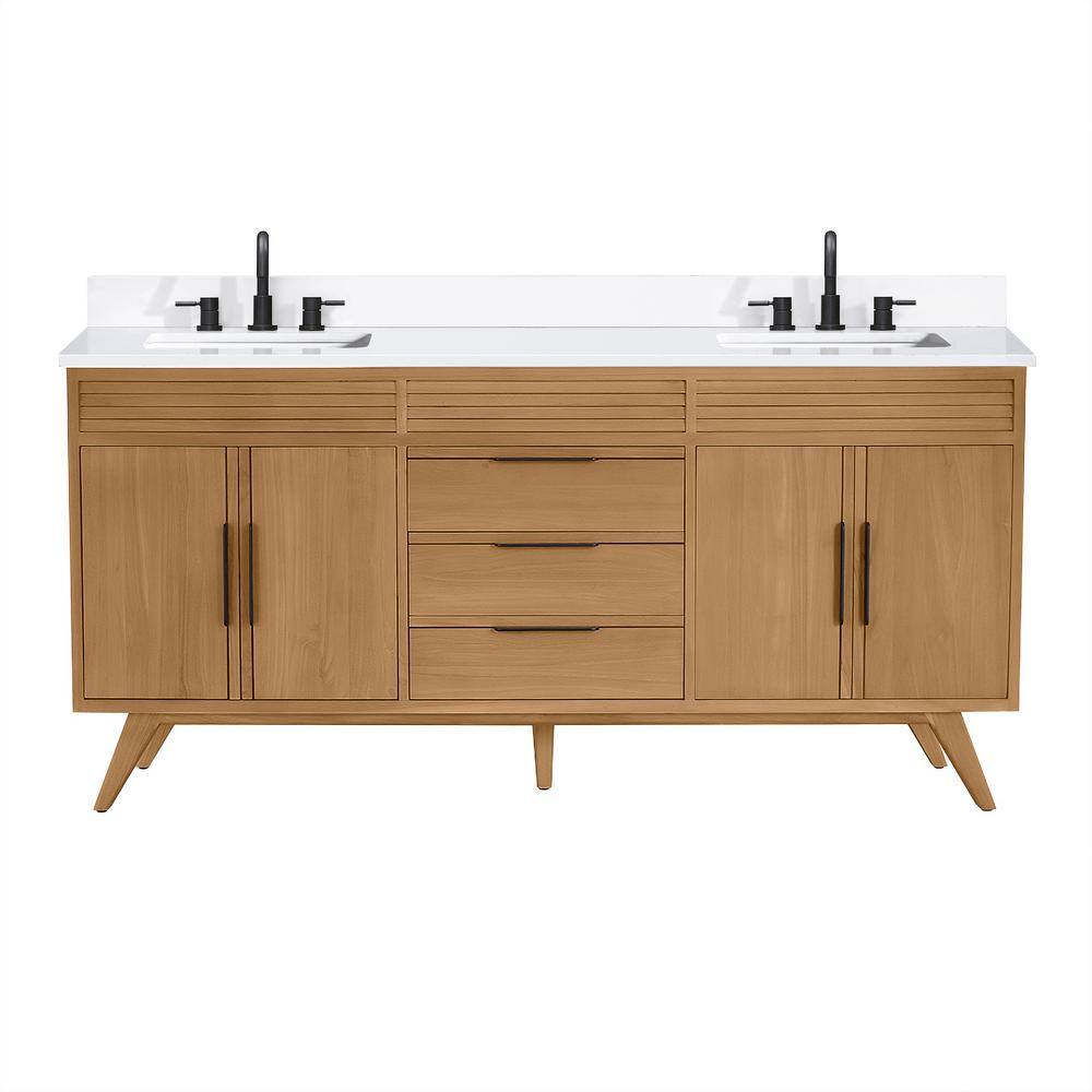 Taylor 73" Natural Teak Double Sink Vanity with White Quartz Top