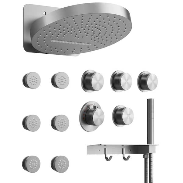 EVERSTEIN 15-Spray Patterns 12.6 in. Dual Shower Head Wall Mount Fixed Shower Head in Brushed Nickel (Valve Included)