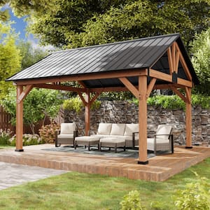 15 ft. x 13 ft. Solid Cedar Wood Outdoor Patio Hardtop Gazebo with Black Galvanized Steel Roof and Ceiling Hook