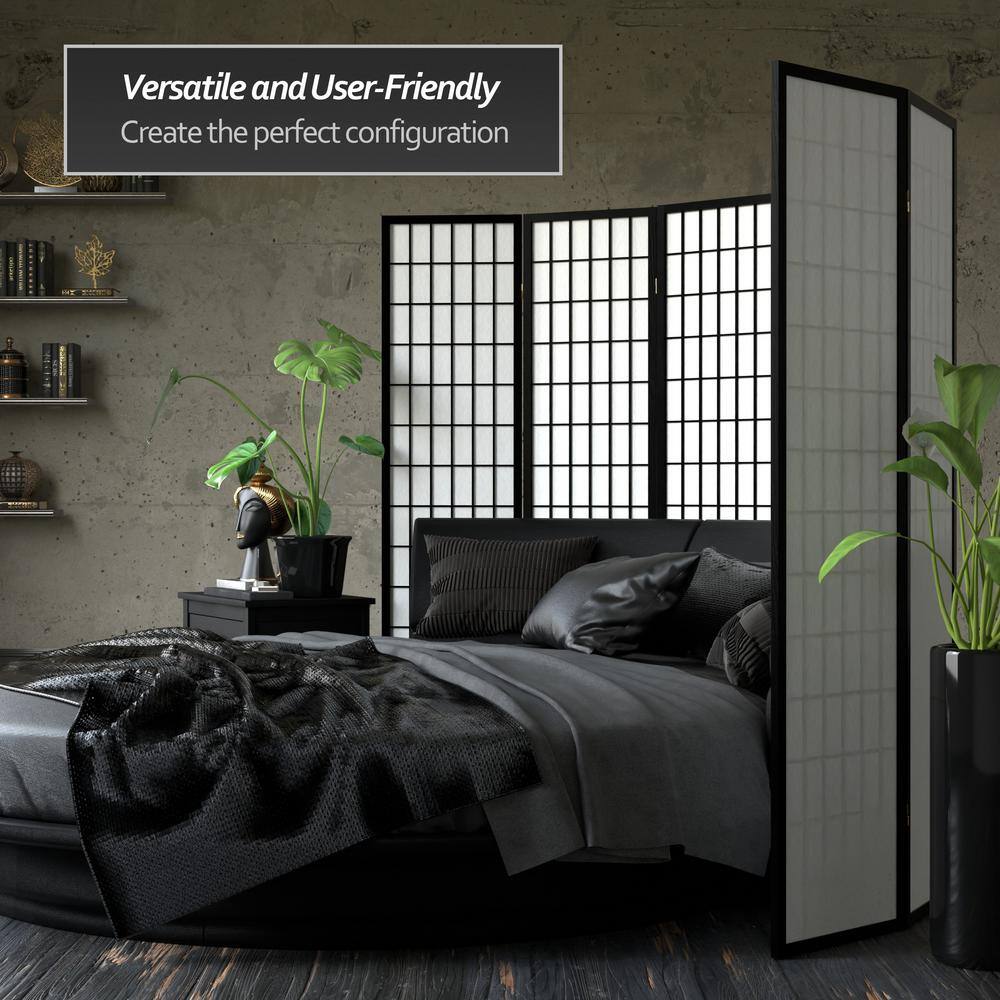 Black 6-Panel Shoji Screen Room Divider with Scandinavian Spruce Frame