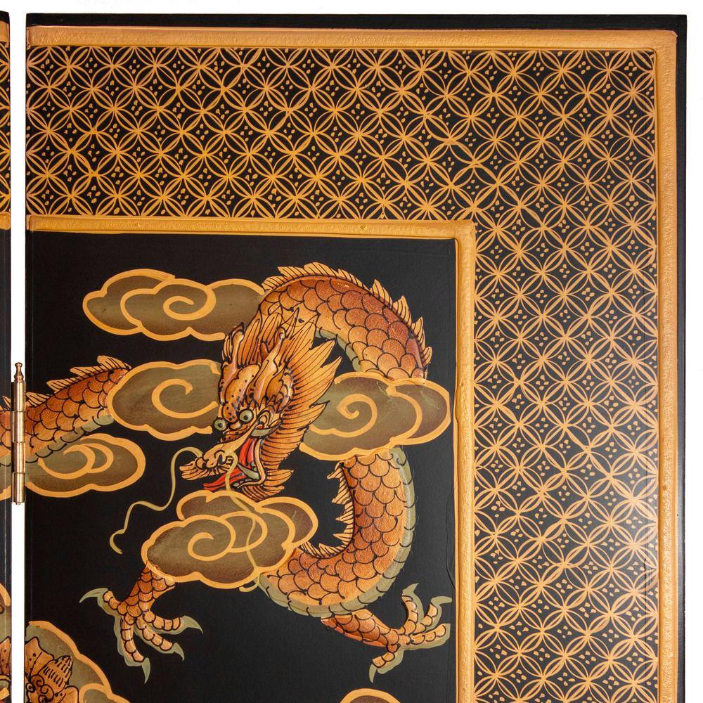6 Ft Tall Black Lacquer Elm Wood Dragon Room Divider