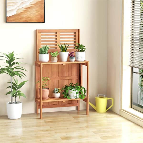 26.5 in. W x 44 in. H Natural Wood Potting Bench Waterproof Garden Table with 2-Tier Open Storage Shelf