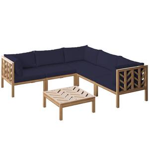 6-Piece Acacia Outdoor Sectional Conversation Set with Navy Blue Cushions
