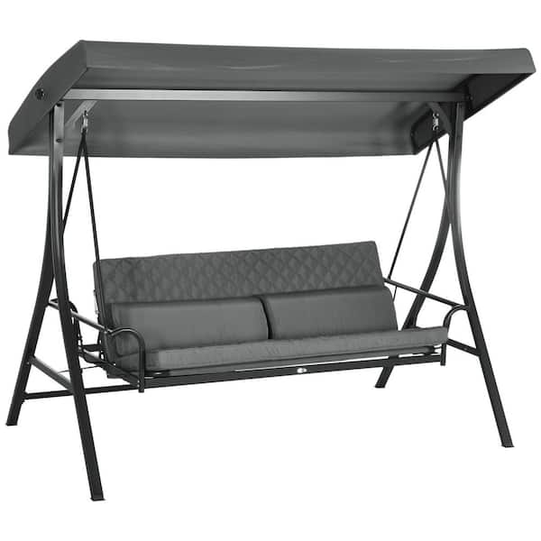 Phewnyzo 3-Person Metal Outdoor Porch Patio Swing Glider Chair Bed with Adjustable Canopy and Removable Cushions, Gray
